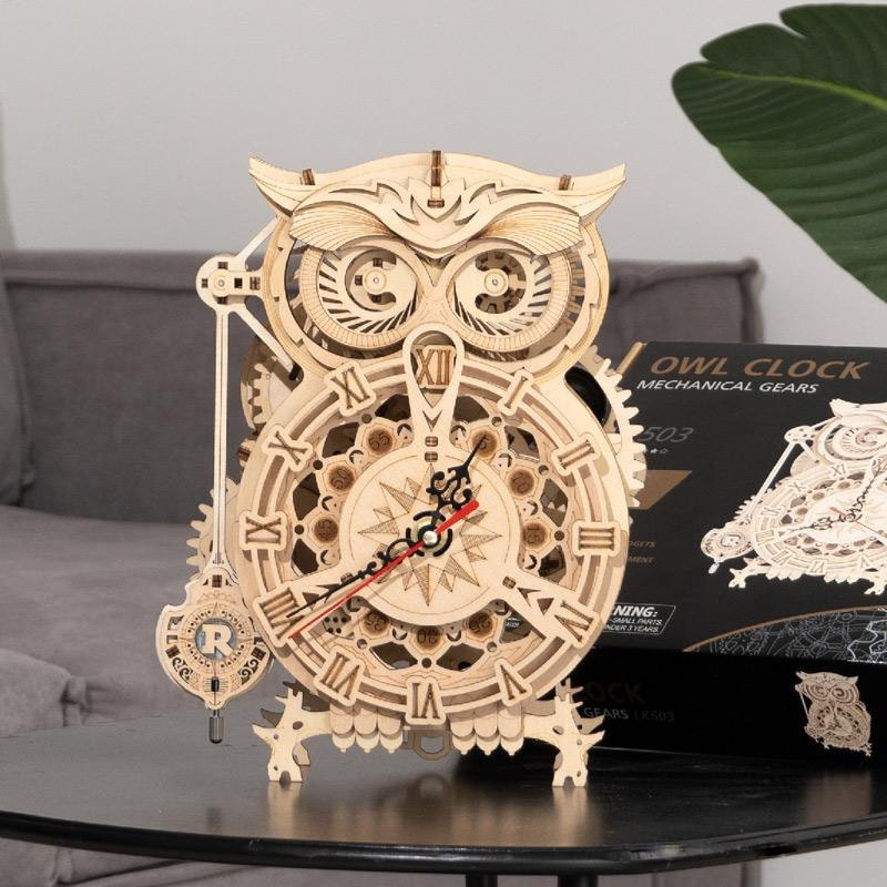 Zegar Sowa - drewniane, mechaniczne puzzle 3D - Owl Clock